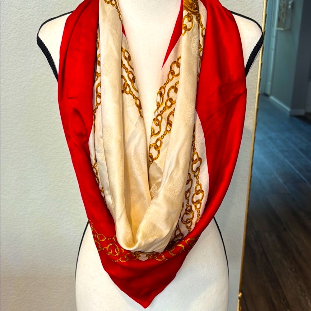 Authentic Chanel Elegant Silk Red And Gold Scarf